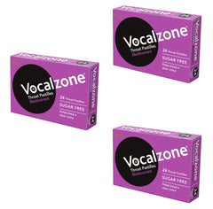 Vocalzone blackcurrant pastilles packaging on shelf for quick, on-the-go throat comfort.