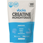 Vocks Creatine Monohydrate powder with scoop for precise 5g servings during workouts.