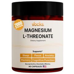 Vocks Magnesium L-Threonate bottle highlighting brain support for memory and focus.