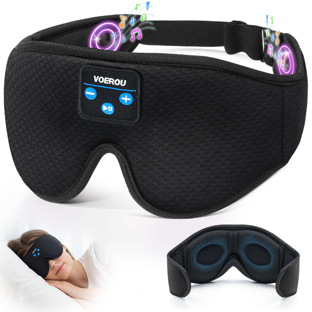 Voerou Sleep Headphones mask on face for comfortable, tangle-free sleep.