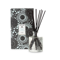 Voluspa French Cade & Lavender diffuser with embossed glass jar for calming home scent