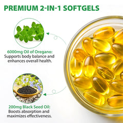 Vortexonix oregano oil softgels capsules closeup showing glossy softgels.