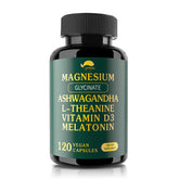VPKIN Magnesium Ashwagandha bottle displaying 120 vegan capsules for daily balance.