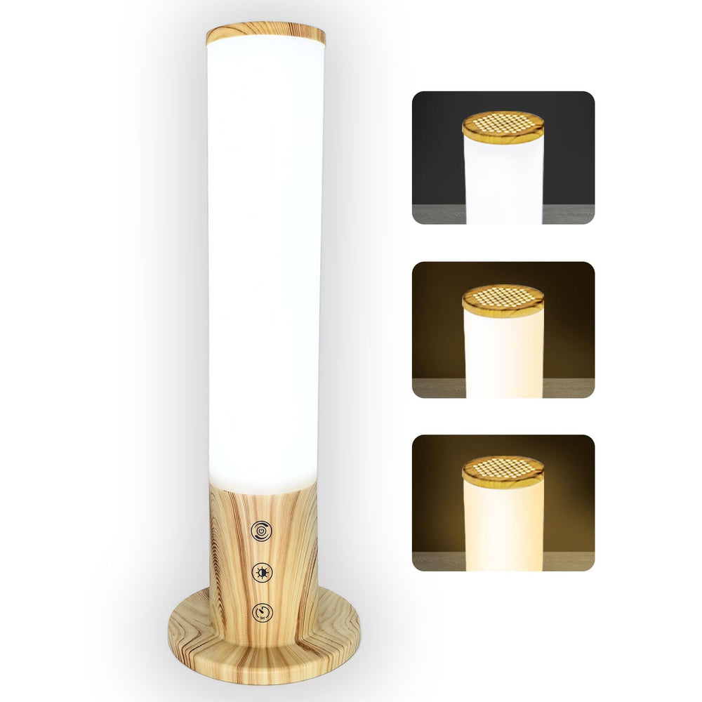 VUSIHOO light therapy lamp front view shows wood grain finish and warm ambience.