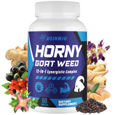 Vusinmju Horny Goat Weed bottle front shows the 12-in-1 formula for daily vitality