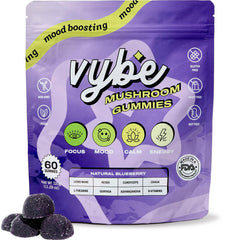 Vybe Wellness daily nootropic gummies in a blueberry bottle for focused moments.