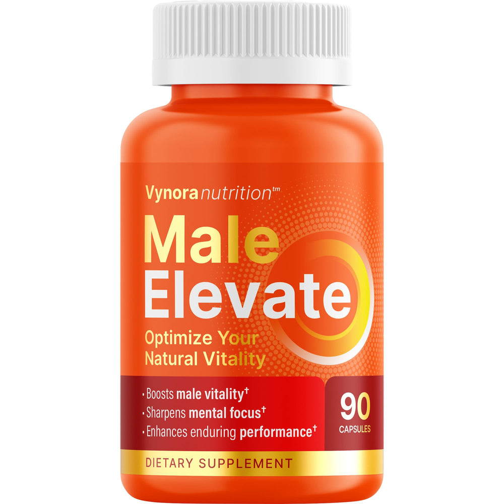 Vynora Nutrition Testosterone Booster bottle front supports energy and focus.