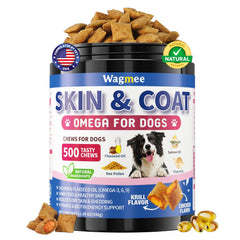 Wagmee Omega 3 for Dogs packaging and chews promoting skin and coat health
