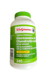 Walgreens Glucosamine Chondroitin bottle on table promotes flexible joints for activity.
