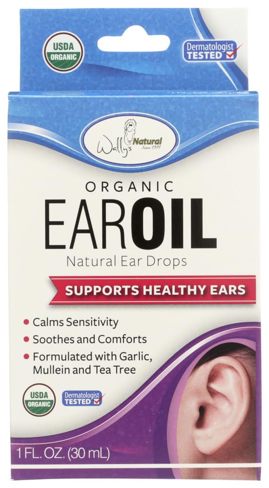 Wally's Natural Ear Oil bottle showing organic, soothing ear care for sensitive ears.