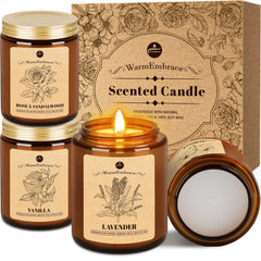 WarmEmbrace lavender candle in a glass jar for calming, long-lasting fragrance.