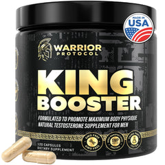 WARRIOR PROTOCOL King Booster bottle showing muscle support and vitality benefits