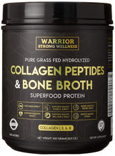 Warrior Strong Wellness collagen bottle beside smoothie for healthier-looking skin.