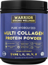 Warrior Strong Wellness pure hydrolyzed collagen bottle pour for daily skin and joint support.