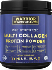 Warrior Strong Wellness pure hydrolyzed collagen bottle pour for daily skin and joint support.