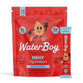 Waterboy Daily Hydration blue raspberry stick shows a sugar-free electrolyte boost for daily workouts.