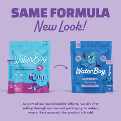 Waterboy Weekend Recovery electrolyte packet close-up with high electrolyte content