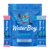 Waterboy Weekend Recovery packaging showing 24-stick packs for on-the-go hydration