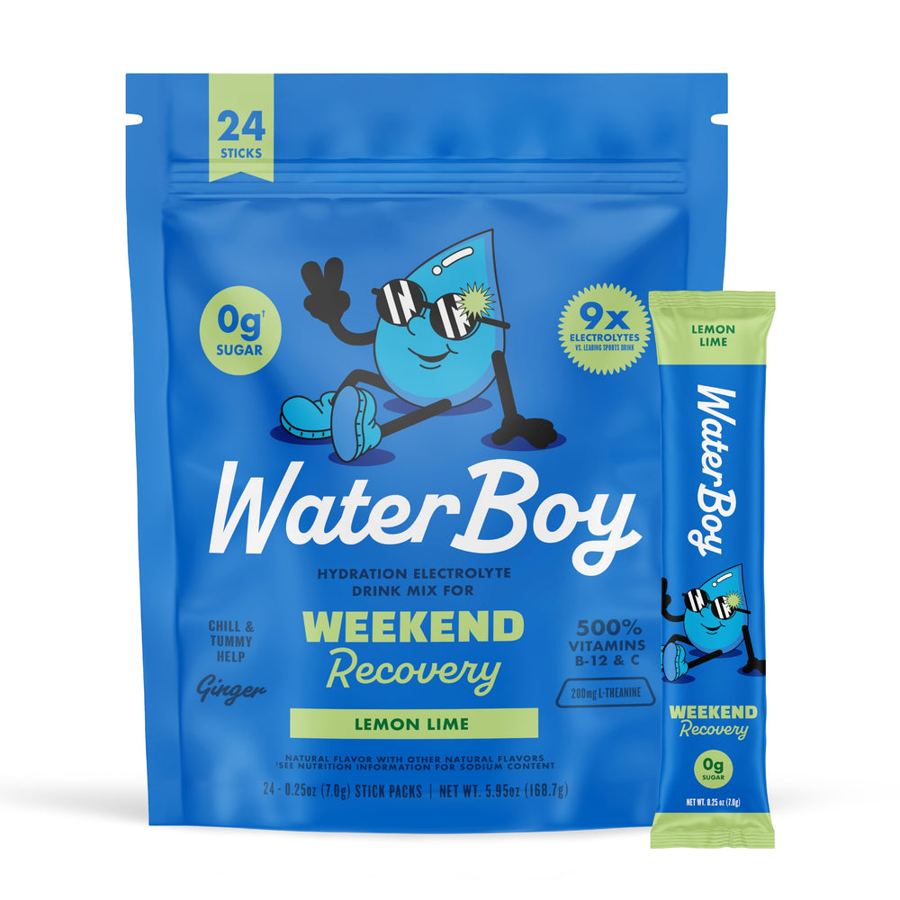 Waterboy Weekend Recovery packet close-up for quick hydration on the go.