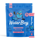 Waterboy Weekend Recovery packet close-up for on-the-go hydration after workouts.