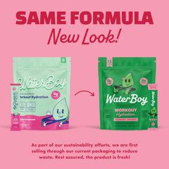 Close-up of Waterboy Workout Hydration packet highlighting electrolytes and texture.