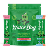 Waterboy Workout Hydration packet front label with high electrolyte content for active days.