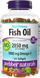 Webber Naturals Fish Oil 2850 mg bottle with clear enteric softgels for purity and absorption
