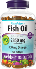 Webber Naturals Fish Oil 2850 mg bottle with clear enteric softgels for purity and absorption
