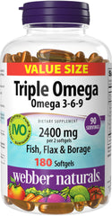 Webber Naturals Triple Omega 3-6-9 softgels bottle close-up with convenient daily dosage.