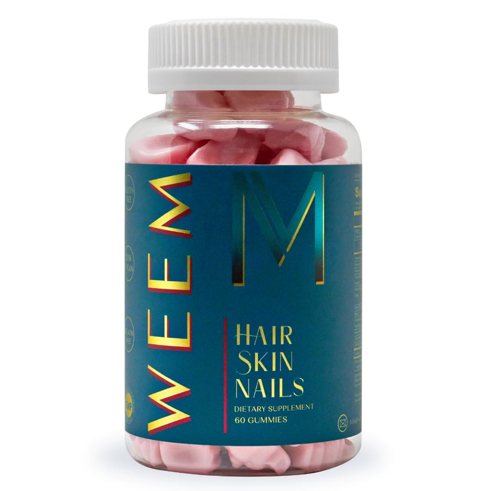 WEEM Hair Skin Nails Gummies bottle pour provides convenient daily wellness support.