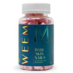WEEM Hair Skin Nails Gummies bottle pour provides convenient daily wellness support.