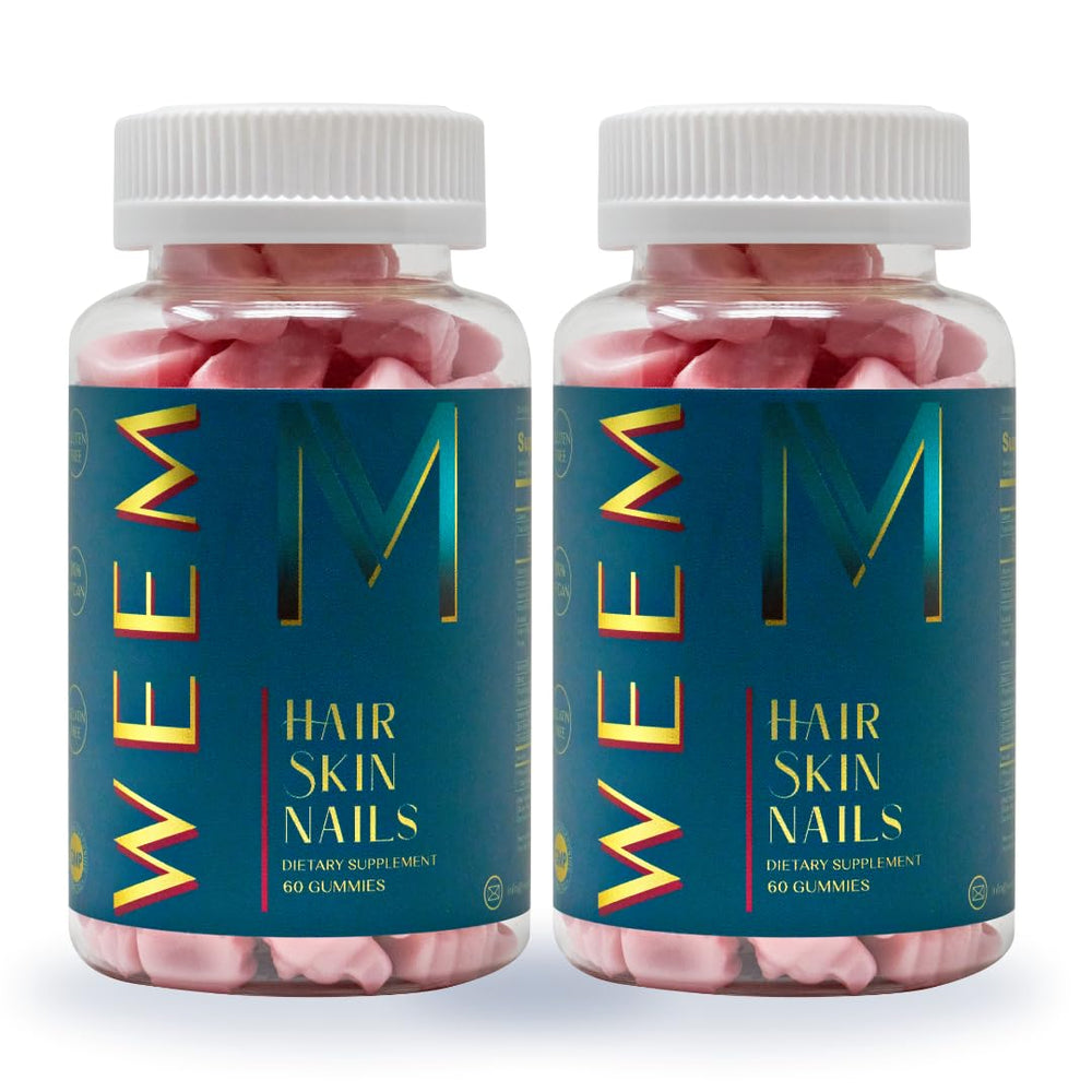 WEEM Hair Skin and Nails gummies bottle showing product in use for hair and nails support