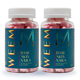 WEEM Hair Skin and Nails gummies bottle showing product in use for hair and nails support