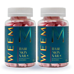 WEEM Hair Skin and Nails gummies bottle showing product in use for hair and nails support