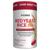 Weider Red Yeast Rice Plus bottle showing a 2-tablet serving for heart support.