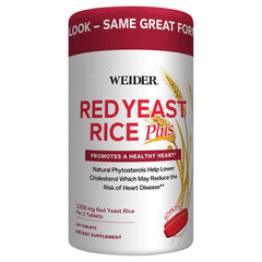 Weider Red Yeast Rice Plus bottle showing a 2-tablet serving for heart support.