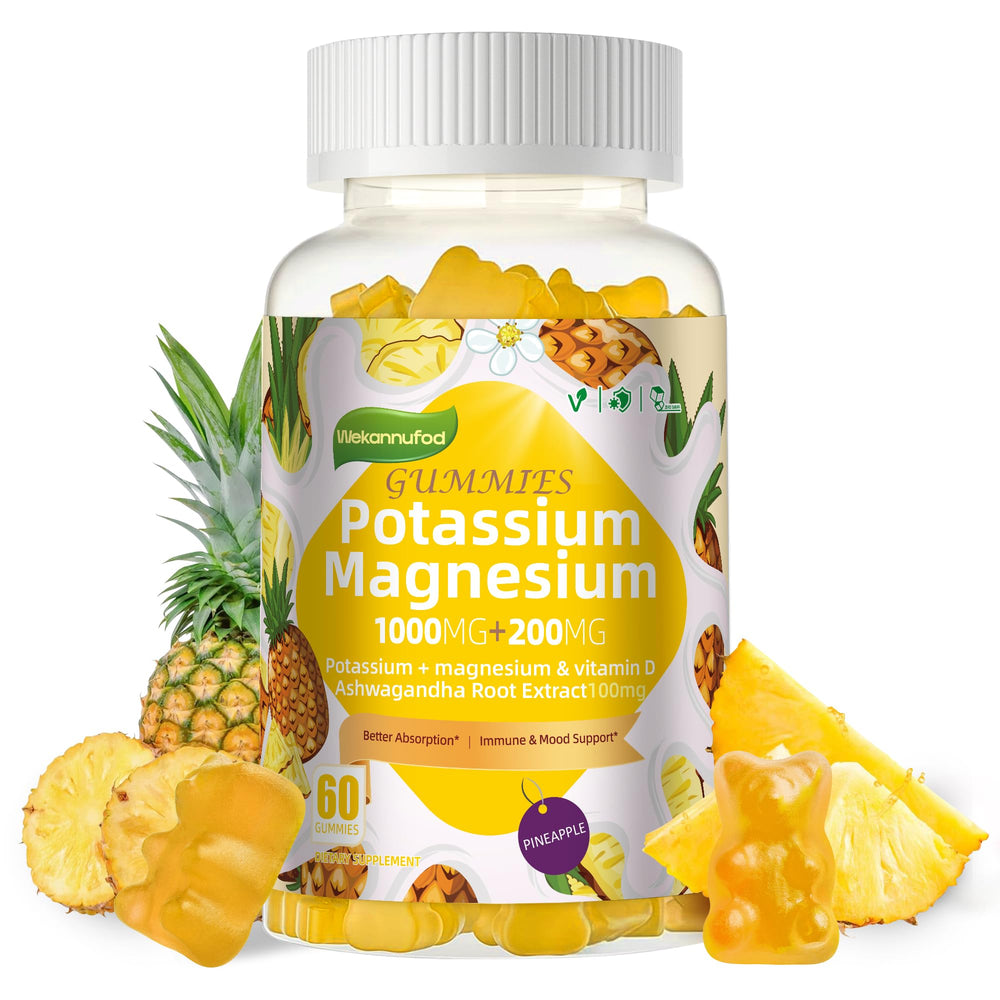 Wekannufod potassium magnesium gummies bottle with pineapple flavor for daily muscle support.