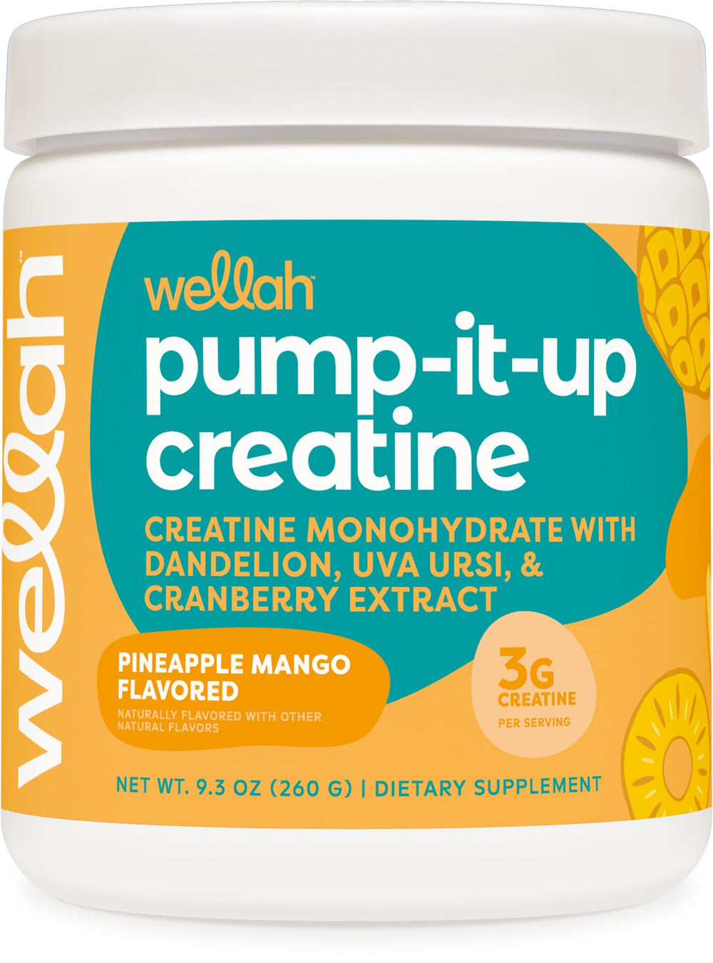 Wellah Creatine for Women bottle front showing Pineapple Mango flavor for easy daily use