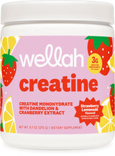 Wellah Creatine Monohydrate bottle displays dandelion and cranberry blend for daily training support.