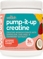 Wellah Creatine for Women bottle with Strawberry Pina Colada flavor supports workouts.