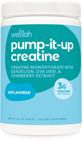 Wellah Creatine unflavored powder with scoop for easy, versatile pre- or post-workout mixing.