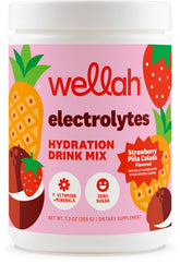 Wellah Electrolytes Powder bottle with Strawberry Pina Colada flavor for refreshing hydration.