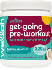 Wellah Get-Going Blue Hawaii bottle showing a refreshing caffeine boost.