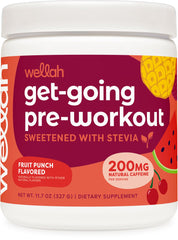 Wellah Get-Going tub front label with Tropical Fruit Punch flavor, ready to power your workout.