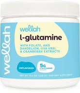 Wellah L-Glutamine powder bottle showcases a premium daily supplement for wellness.
