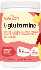 Wellah L-Glutamine Strawberry Lemonade bottle front supports daily wellness.