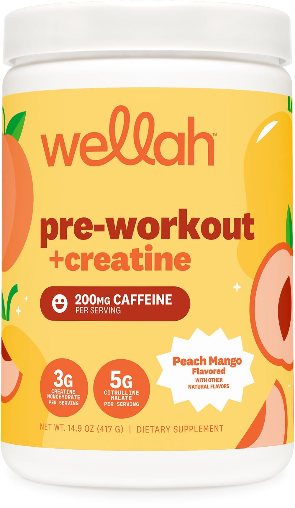 Wellah pre-workout peach mango label closeup for transparent ingredients and flavor identification.