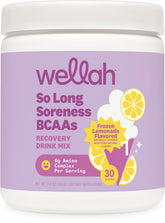 Wellah So Long Soreness BCAA Powder bottle with frozen lemonade flavor for refreshing hydration.