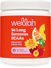 Wellah So Long Soreness BCAA Powder bottle, Fruit Punch flavor, supports daily hydration.