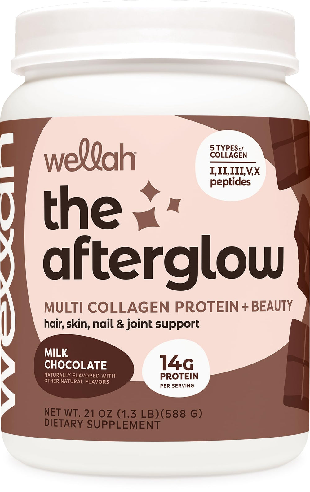 Wellah The Afterglow chocolate bottle with a multi-collagen blend for daily beauty support.